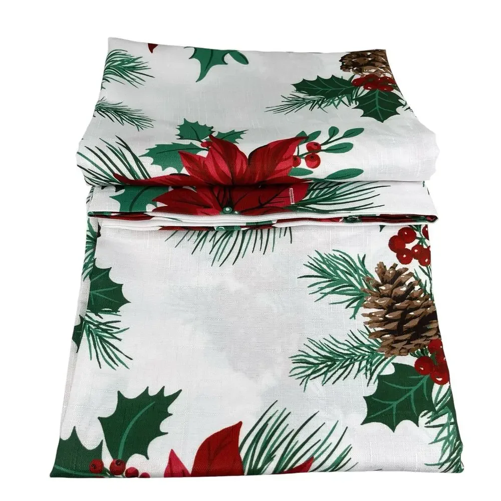 Christmas Shower Curtain Oh Holy Night Poinsettia Pine Hooks New